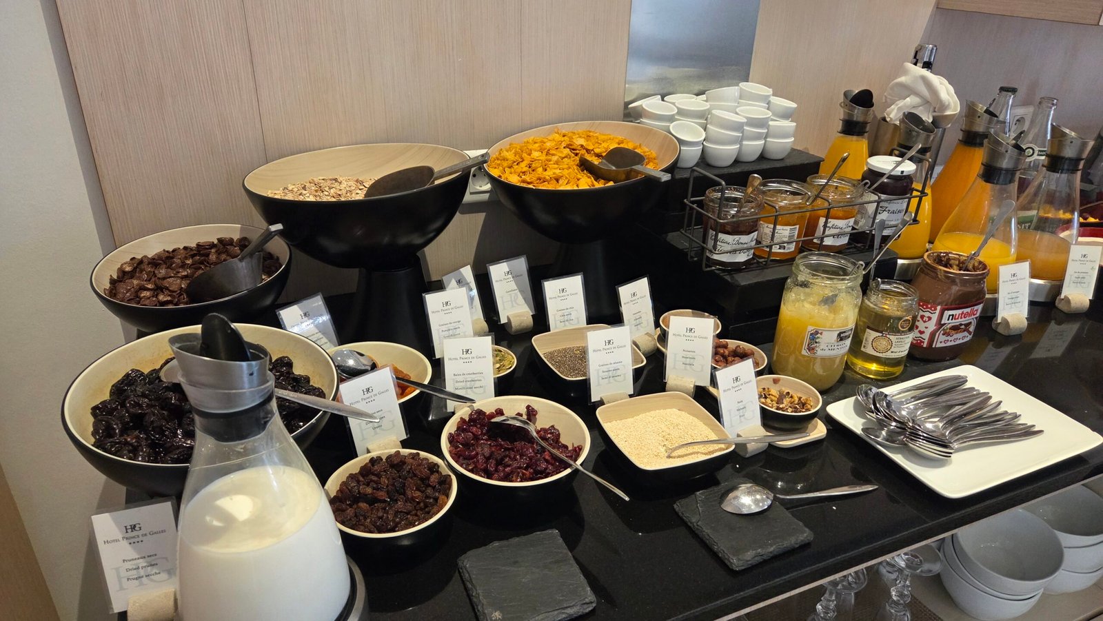 Cereal, granola, dried fruit and jam bar at the Prince de Galles Menton breakfast buffet
