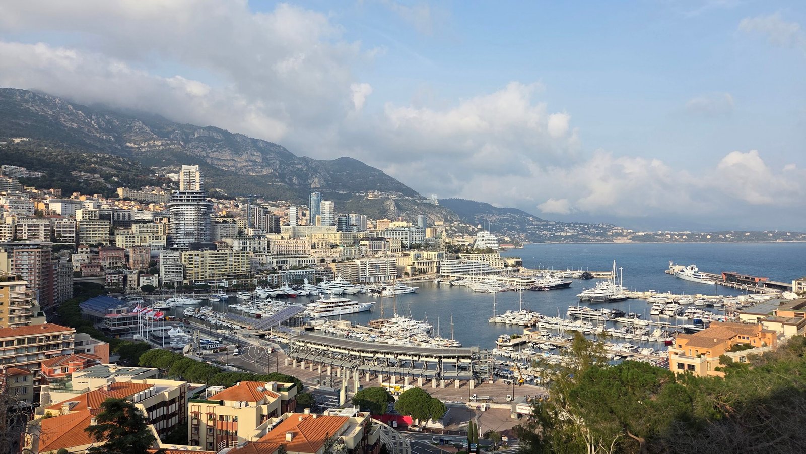 Panoramic view of Port Hercule and Monaco's harbor seen from the Jardins Saint-Martin