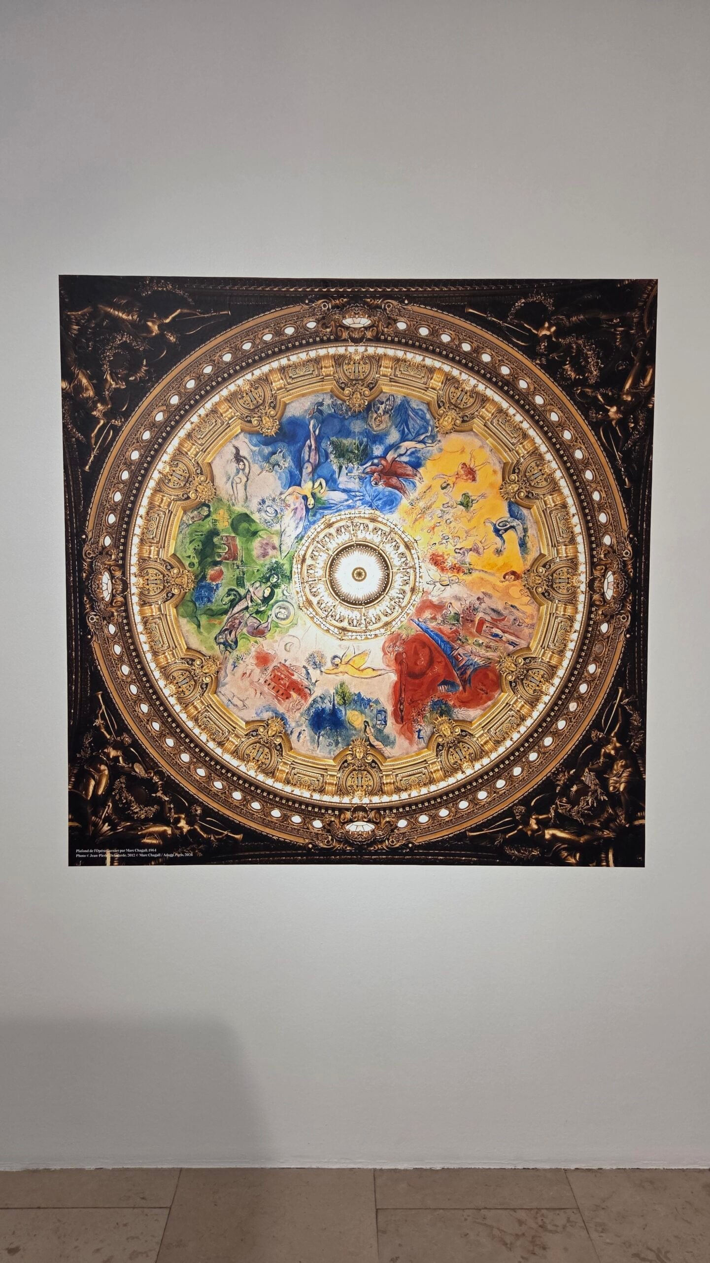 Reproduction of Marc Chagall's Paris Opera Garnier ceiling painting, shown at the Chagall at Work exhibition