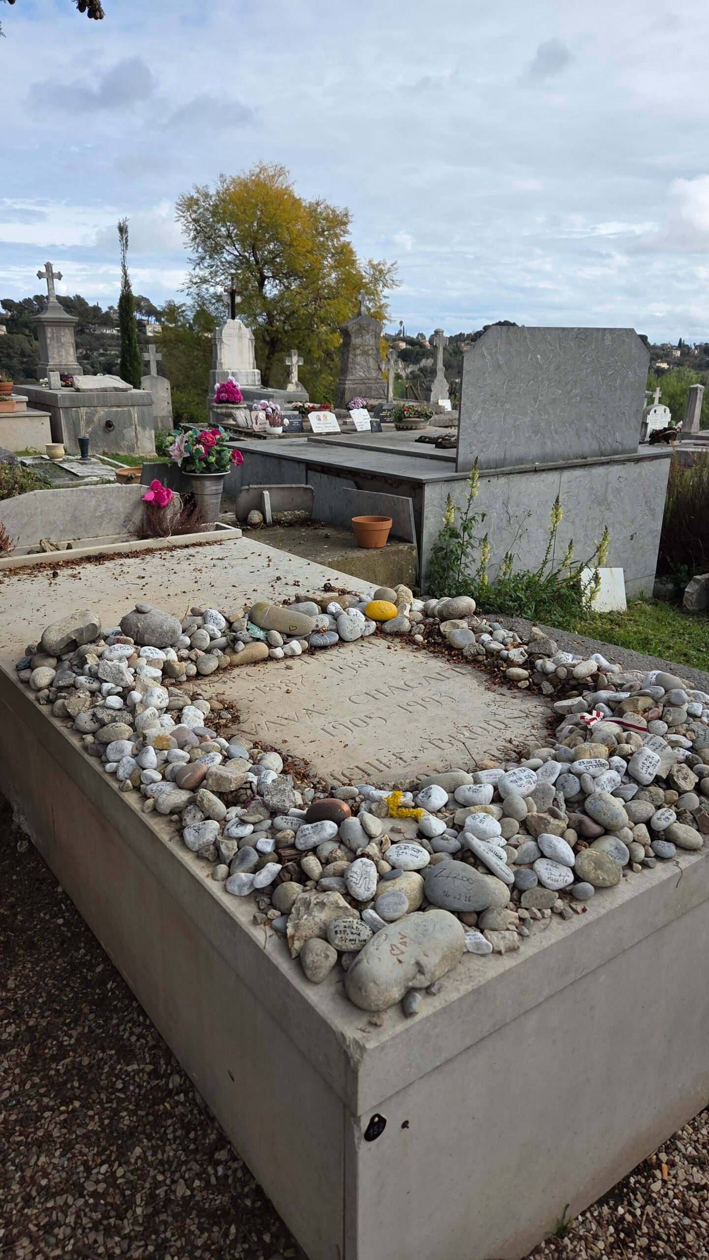Marc Chagall's grave covered in stones left by visitors, Saint-Paul-de-Vence cemetery