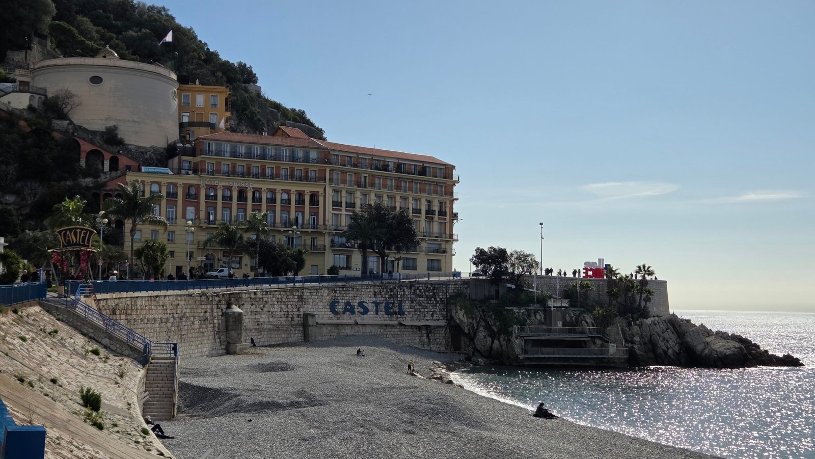 Hotel Suisse Nice seen from the beach, below Castle Hill