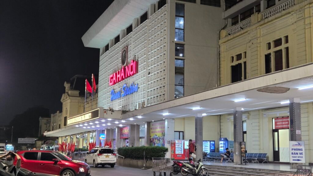 Hanoi Station (Ga Hanoi) at night, the starting point for the Hanoi to Sapa train vs bus comparison